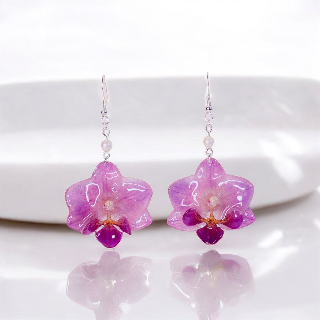 Handmade Real Mini Orchid Hook Dangle Earrings - Pink