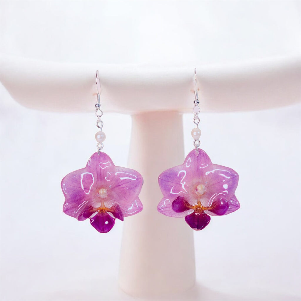 Handmade Real Mini Orchid Hook Dangle Earrings - Pink