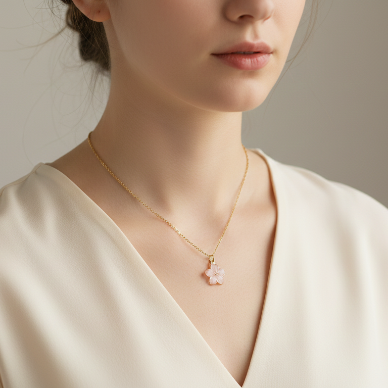 Woman wearing a delicate necklace with a small pendant against a neutral background