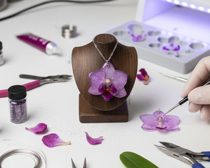 Jewelry-making setup with tools, materials, and a necklace on a mannequin bust.