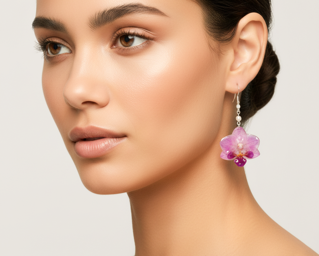 Close-up of a woman wearing a floral earring against a neutral background